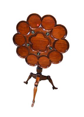 Quality scalloped tilt top table in the manner of Maitland Smith, tri leg and shoe footed with. Q 