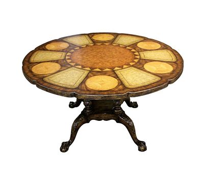 Best 54" round breakfrast table, highly ornate, decorated, carved, walnut, burl, leather inserts. 