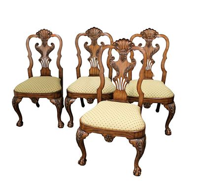 Maitland Smith dining room chairs, set of 4, highly carved and ornate georgian style upholstered. 