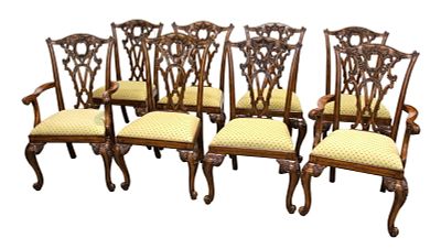 Set 8 Maitland Smith dining room chairs, highly carved and ornate, solid mahogany chippendale style