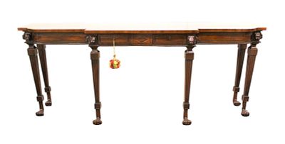 Impressive console table attributed Theodore Alexander, rosewood mahogany and banded, lion head. 