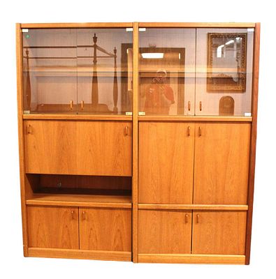 Mid century modern 2 part wall unit in the teak with fall front drop down door to bar