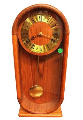 Mid century modern teak shelf clock made in Demark, Westminster design with quartz movement, needs
