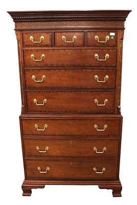Awesome Council Craftsman 9 drawer banded mahogany chippendale style chest on chest