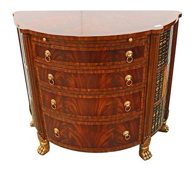 Beautiful Maitland Smith burl mahogany, banded demilune chest with faux book sides, pull out leather