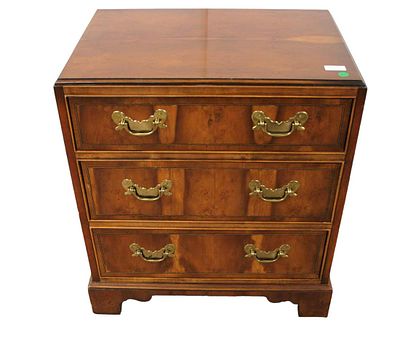 Vintage Baker furniture yew wood and walnut banded 3 drawer chest, structurally sound and in