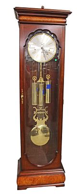 WK Sessions, grandfather clock working made in Germany, mahogany and burl walnut case with beveled