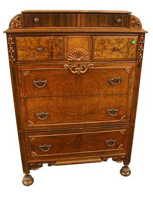 Antique walnut two tone 6 drawer high chest with applied carving in good condition and
