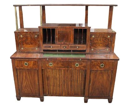 Antique nice model burl mahogany leather top desk credenza with multi compartments, pull out
