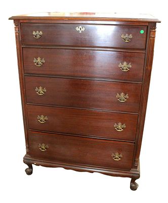 Vintage mahogany 5 drawer queen anne high chest with fluted columns in original finish