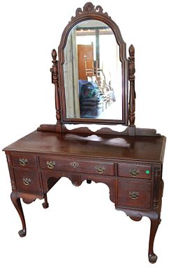 Vintage mahogany queen anne 5 drawer dressing vanity with mirror, original finish, structurally