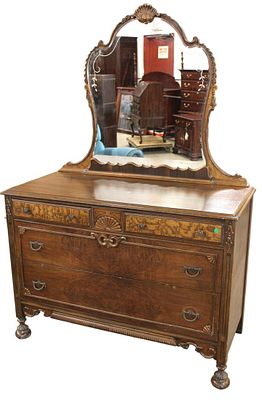 Antique walnut two tone 4 drawer dresser with mirror, has etched mirror, with carved top