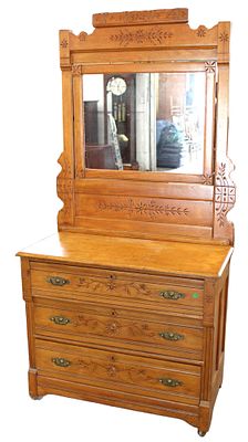 Antique chestnut 3 drawer dresser with mirror with Eastlake spoon carving, structurally sound