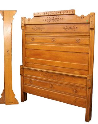 Antique chestnut Eastlake spoon carved high back bed, believed to be full size, with rails