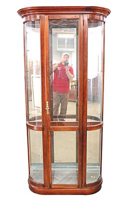 Pulaski furniture 1 door curved glass, mirrored back and lighted display case cabinet with