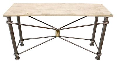 Industrial steel base with faux marble top decorator console table. Industrial steel base with