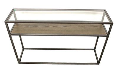 Contemporary metal frame and glass top 2 tier console table, good condition and structurally
