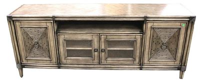 Contemporary 4 door decorator media cabinet in the soft grey, structurally sound and in good
