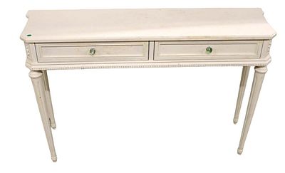 Contemporary white painted two drawer console table, structurally sound and in fair condition