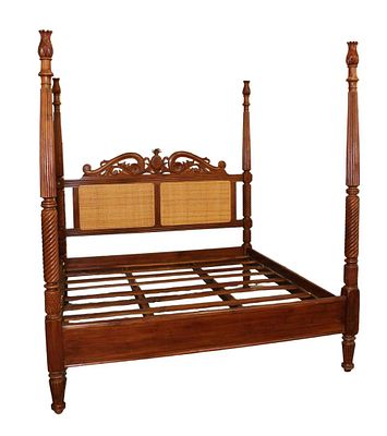 Awesome solid mahogany pineapple carved king size 4 poster bed with wicker headboard approx.