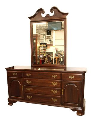 Ethan Allen solid cherry 6 drawer 2 door low chest with mirror approx. 65" w x 20" d x 32" h