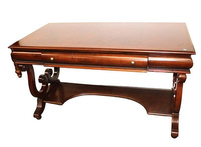 Mahogany harped base 1 drawer library desk with parquet style top approx. 56" w x 28" d x 32" h