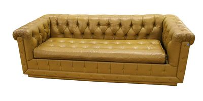 Cool mid century even arm leather style button tuft sleeper sofa in the rare color approx. 82"