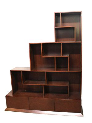 Modern design 2pc multi shelf step style etagere curio in the rosewood finish approx. 73w x 20d