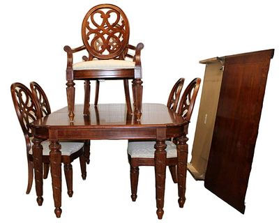 Beautiful Stanley burl walnut and mahogany 7pc dining room table with 6 web back chairs and (2)