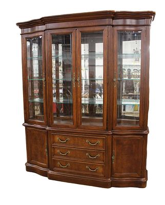 Stanley burl walnut and mahogany 2pc china with touch lighting in good condition approx. 76" w