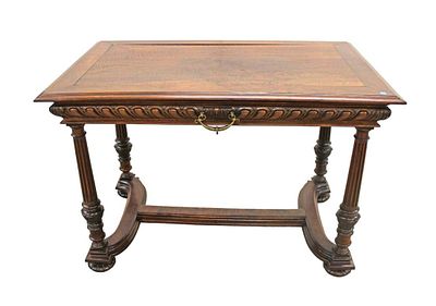 Antique Victorian 1 drawer desk in the walnut, has been refinished approx. 44" w x 28" d x 29" h