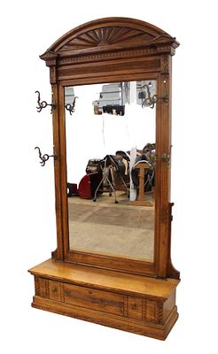 Antique oak 1 drawer pier mirror hat rack with good hooks approx. 48" w x 15" d x 92" h