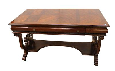 Mahogany harped base 1 drawer library desk w/parquet style top. Mahogany harped base 1 drawer