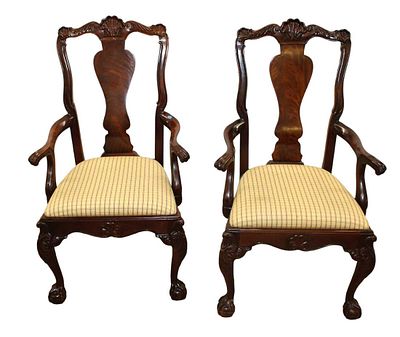 Beautiful pair of carved mahogany Chippendale style arm chairs approx. 25" w x 21" d x 43" h