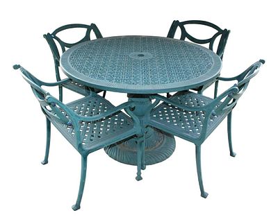 Vintage 5pc cast aluminum 42" diameter patio table and 4 chairs approx. Table: 28" h Chairs: