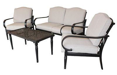 Hampton Bay 4pc metal frame patio conversation set including loveseat, 2 chairs and a coffee