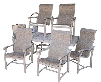 Tropitone 7pc outdoor patio table with 6 chairs, table is by StoneWorks, its faux stone composition