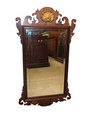 Henkel Harris shell carved solid mahogany Chippendale style bevel glass mirror approx. 24" w x 41" h