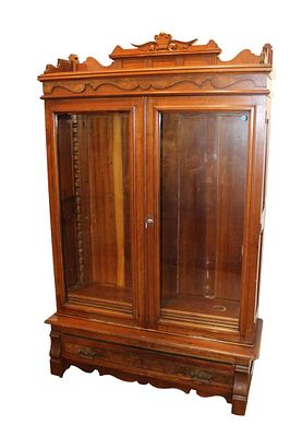 Antique Victorian burl walnut 2 door 1 drawer bookcase with fancy top approx. 44" w x 16" d x 72" h