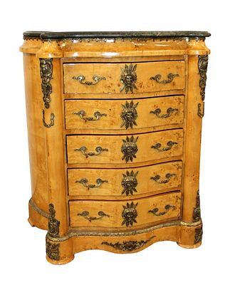 French style 5 drawer marble top chest with heavily applied bronze approx. 32" w x 17" d x 38" h