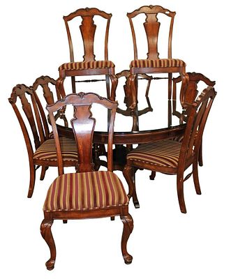 Stanley Furniture 9pc burl mahogany 60" diameter dining room table with custom glass top w/8 chairs