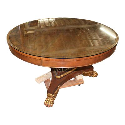 Baker Regency style 54" diameter banded mahogany center/dining table with custom glass top