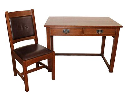 Stickley mission oak 2 drawer writing desk with matching leather seat and back chair approx.