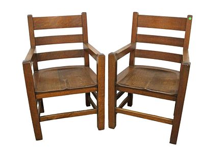 Pair of antique mission oak arm chairs attributed to Stickley Furniture approx. 23" w x 20" d x
