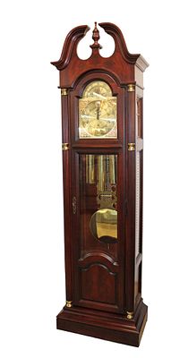 Nice Howard Miller Mahogany Case Grandfather Clock with Weights and Pendulum, approximately 24x14x86