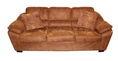 Nice suede leather 3 cushion sofa with pillows by Hughes Furniture Inc. approx. 84" w x 36" d x