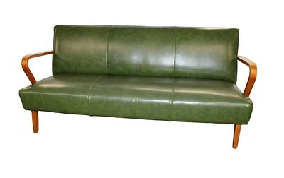 Mid century modern green leather like bent arm sofa attribute to Heywood Wakefield approx. 70"