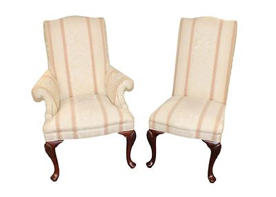 Pair of Thomasville queen Anne mahogany frame shell carved upholstered chairs approx. Arm