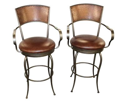 Pair of metal frame swivel high back barstools by Inni approx. 22" diameter x 46" h seat height 30"