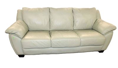 Nice leather 3 cushion sofa in the soft mint green color approx. 84" w x 36" d x 34" h seat